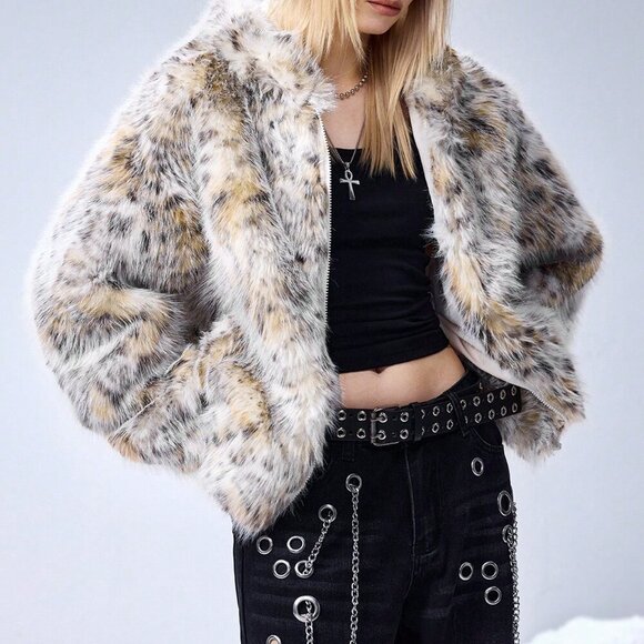 Multicolor Casual Women's Grunge Punk Ombre Polka Dot Faux Fur Hooded Cardigan - Picture 4 of 8